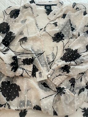 Sheer White Swiss Dot Blouse with Black Floral Print